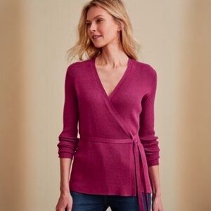 Soft Surroundings Clare Wrap Metallic Ribbed Wrap Sweater Top in Dark Fuchsia 1X